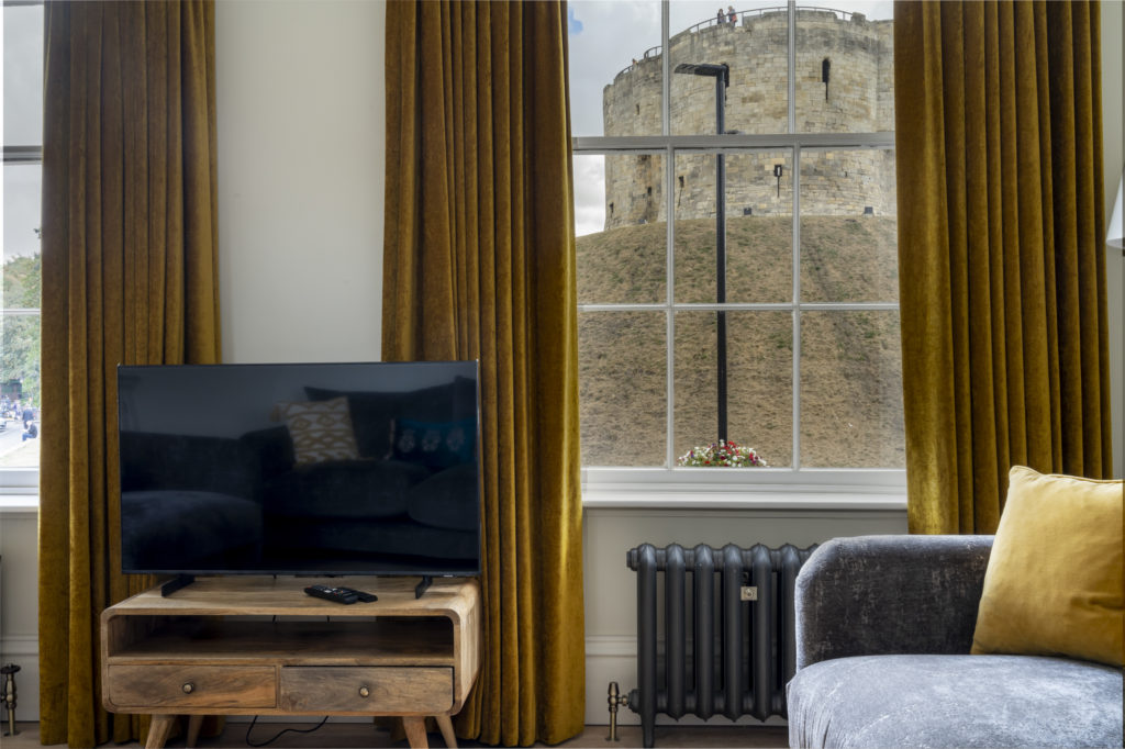 Small second lounge, upstairs. Overlooking Cliffords Tower. 