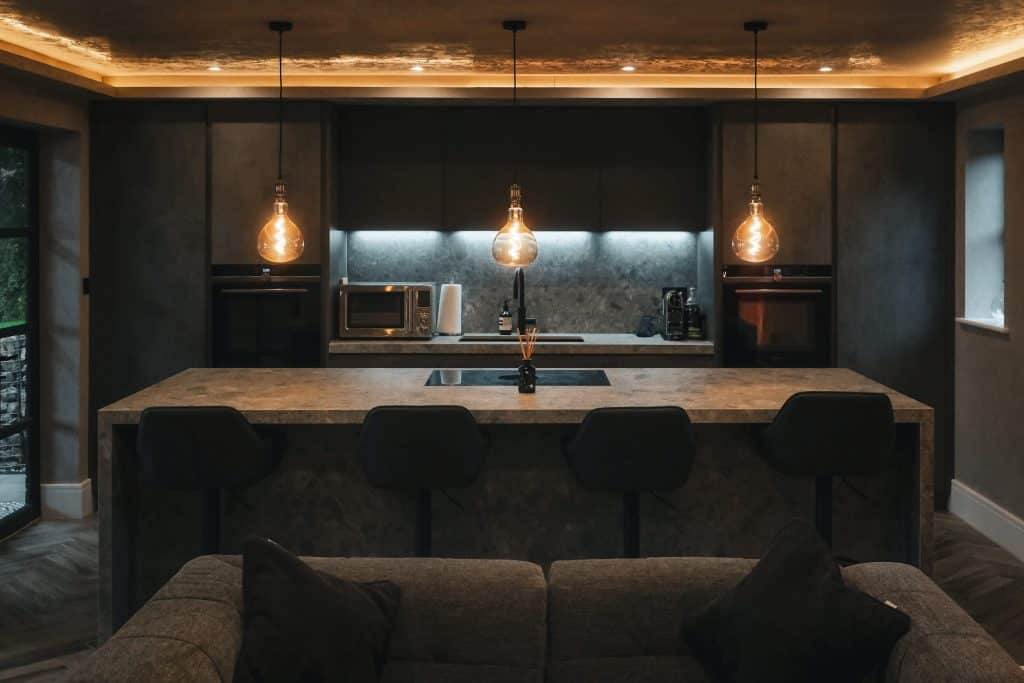 internal warm lights in the kitchen area