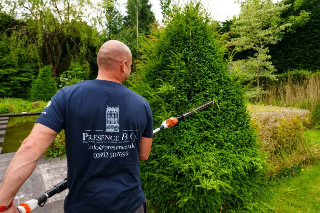 Gardener trimming hedges in Kent